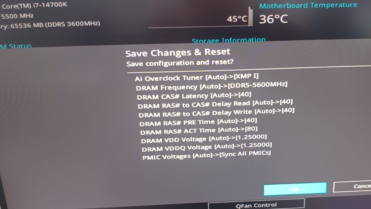Pantalla de BIOS ASUS con el diálogo Guardar cambios, mostrando la memoria DDR5 configurada en perfil XMP (DDR5-5600) para un procesador Intel Core i7-14700K