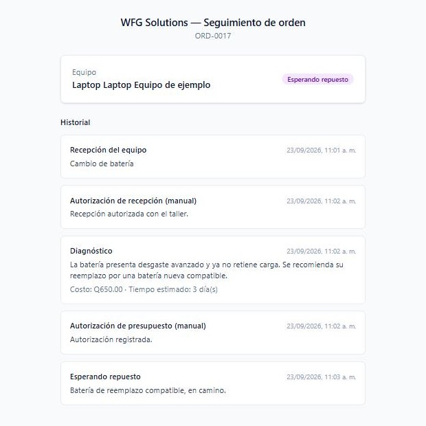 Captura de la página pública de seguimiento: orden en estado Esperando repuesto, con historial de recepción, diagnóstico, autorización y espera de repuesto (datos de ejemplo)